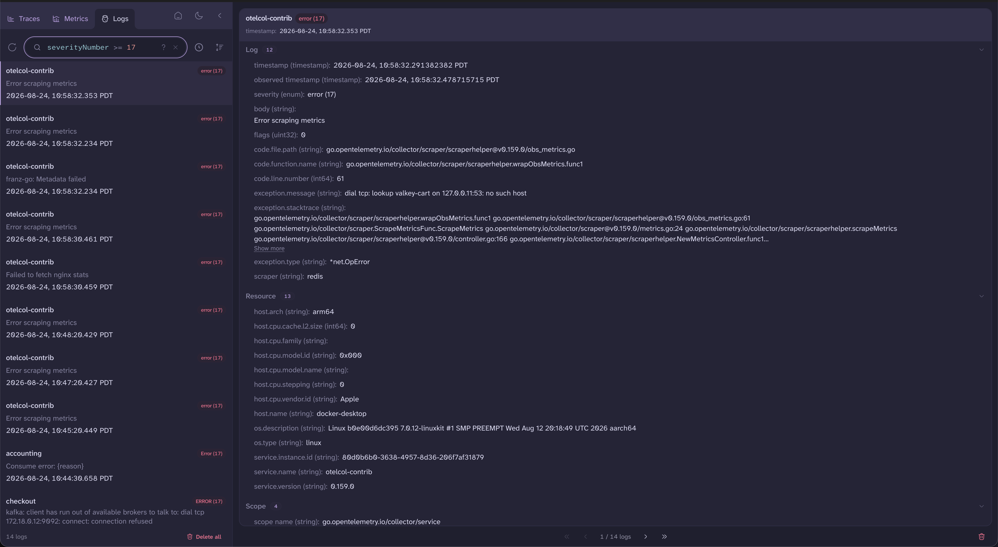 The logs list filtered by severityNumber >= 17, with error badges on each record and the selected record&rsquo;s detail pane showing an exception message and stacktrace.