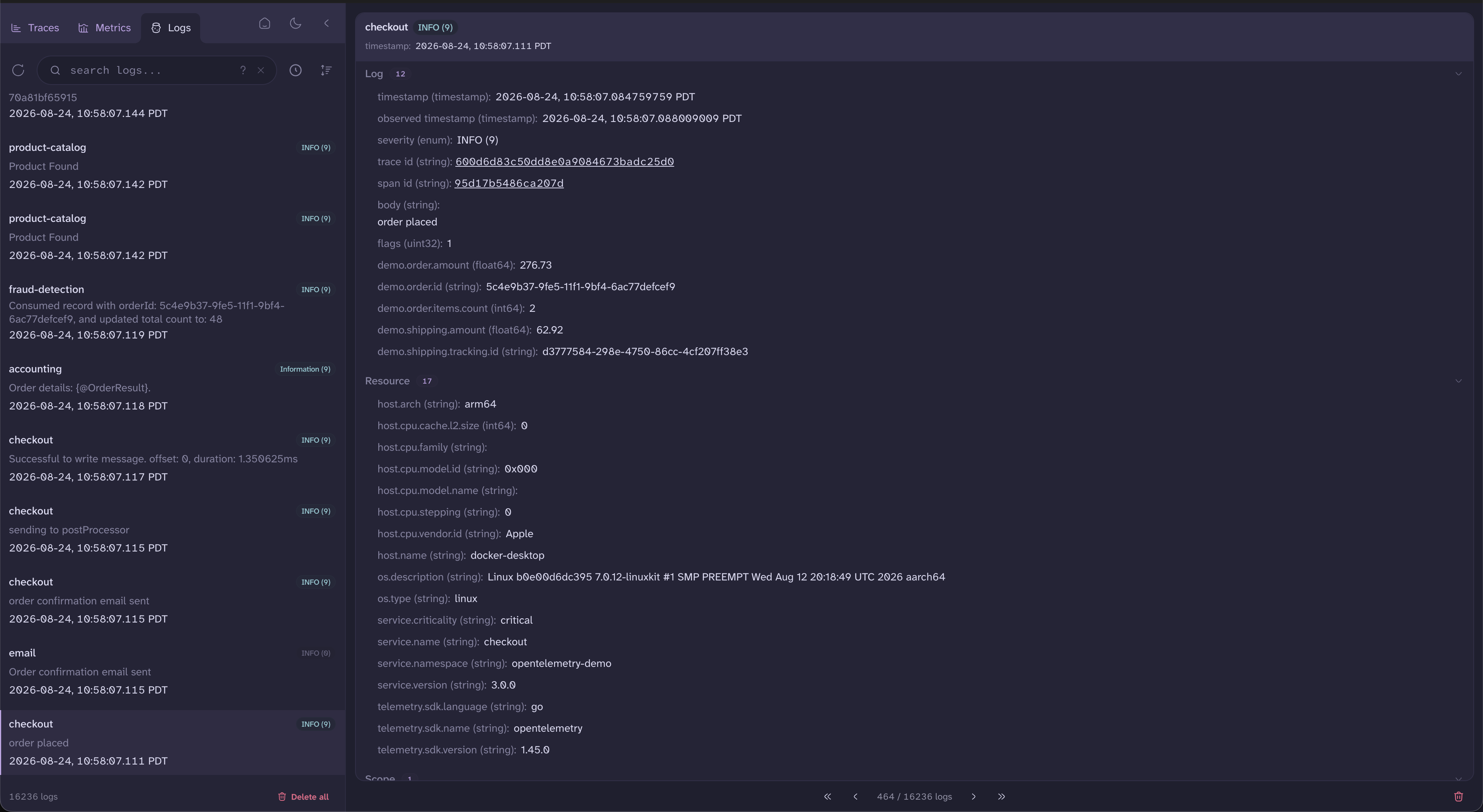 The detail pane for a log record that arrived with trace context: the trace ID and span ID render as underlined links above the record&rsquo;s attributes.