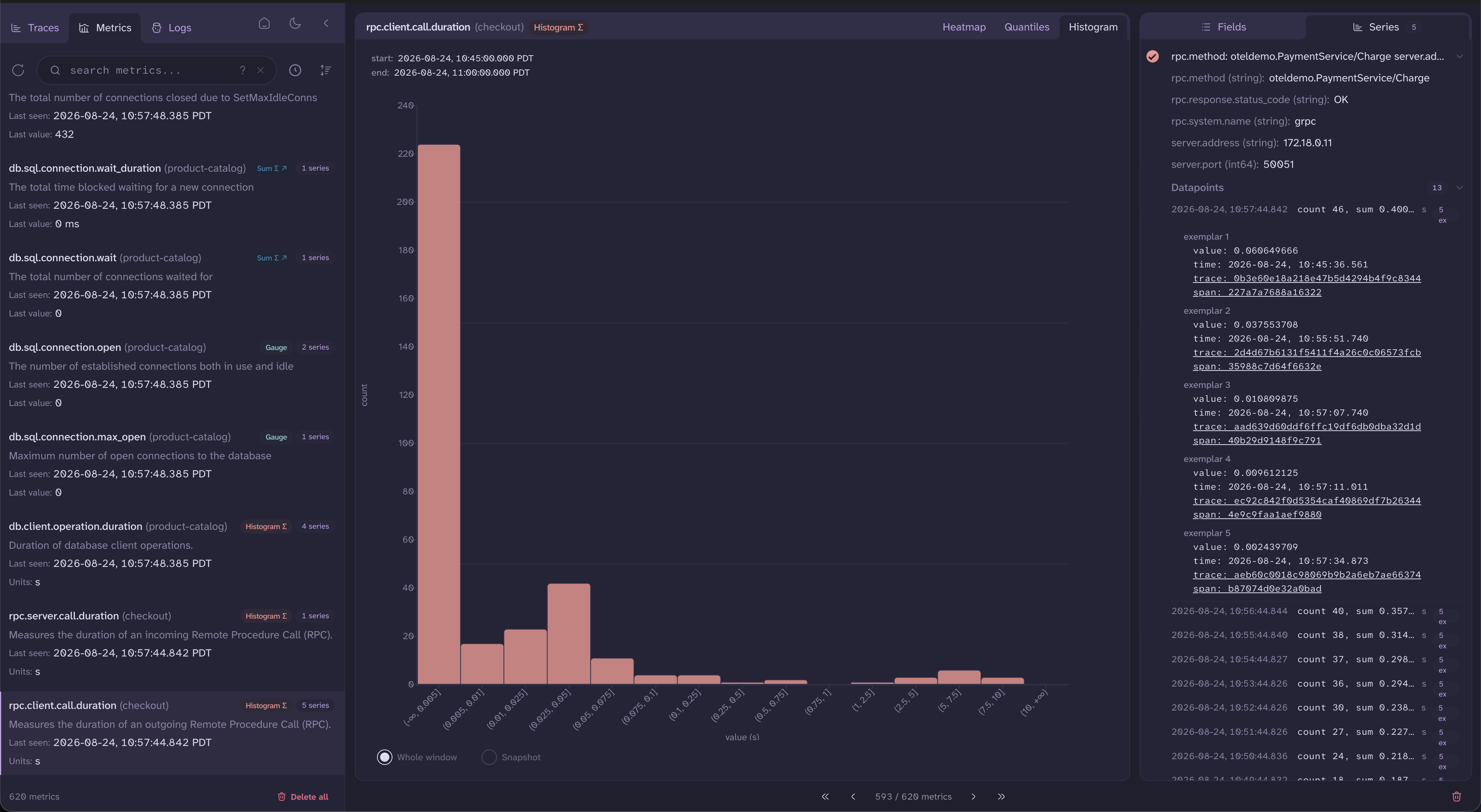 A histogram datapoint expanded to show five exemplars, each with its value, timestamp, and clickable trace and span links.