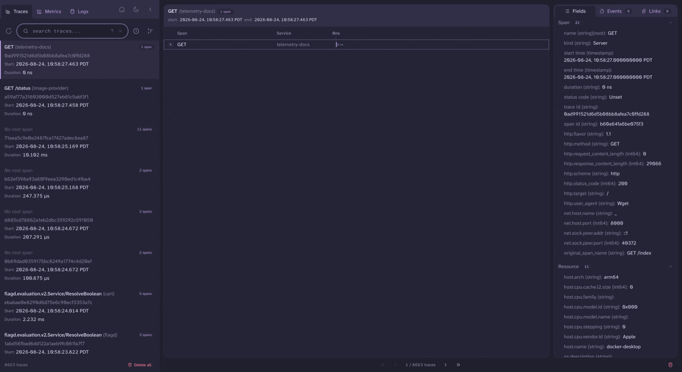 Typing a query into the search box: the text is syntax highlighted as it goes, and submitting it filters the trace list down to matching traces.